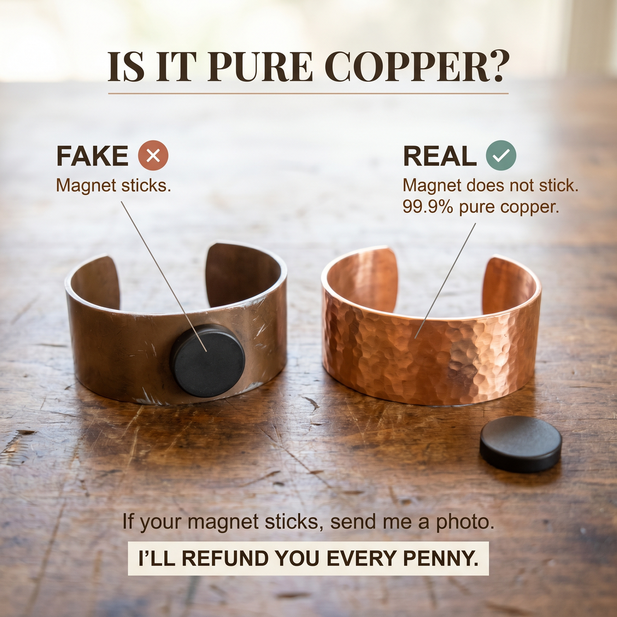 Infographic comparing a plain cuff with a magnet stuck to it and a hammered copper cuff the magnet does not stick to. 3