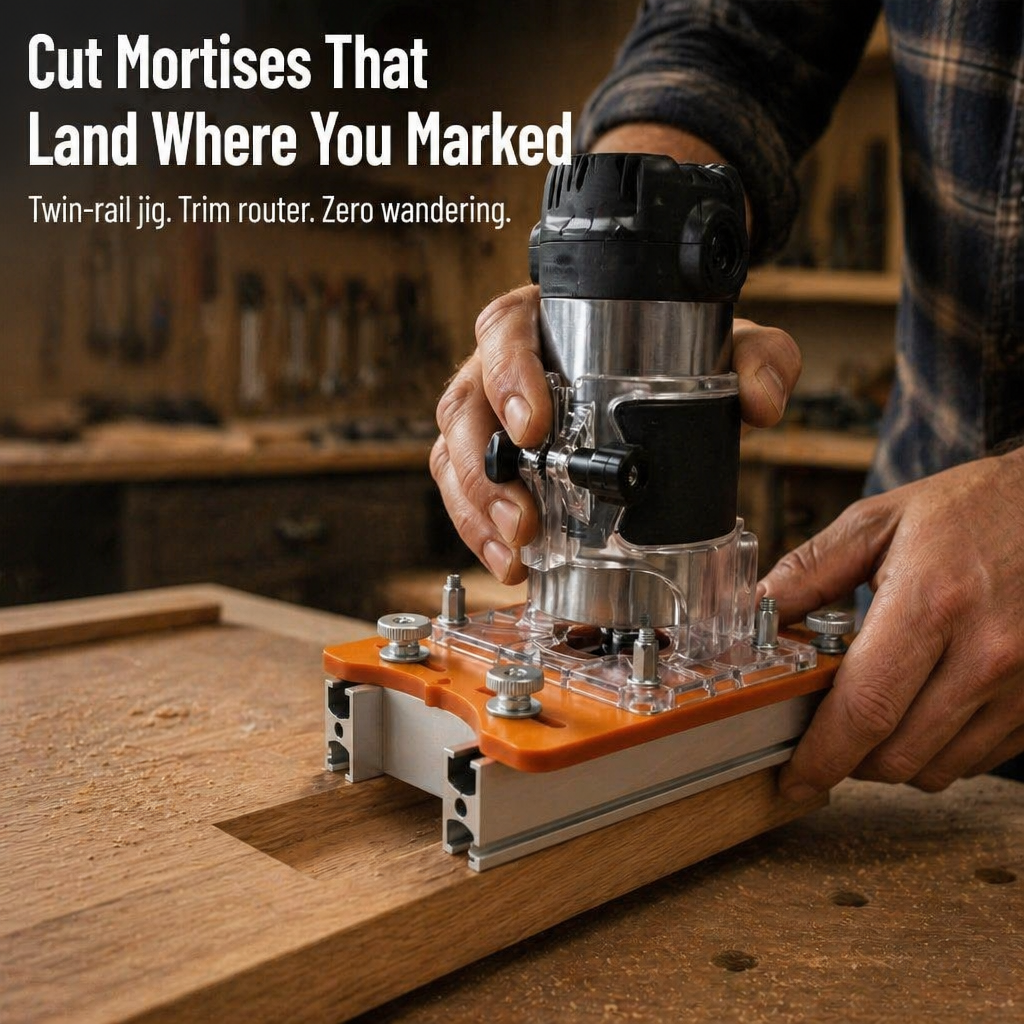 A woodworker's hands guide a trim router mounted on the orange jig, with its twin aluminium rails clamped over a timber board. 1