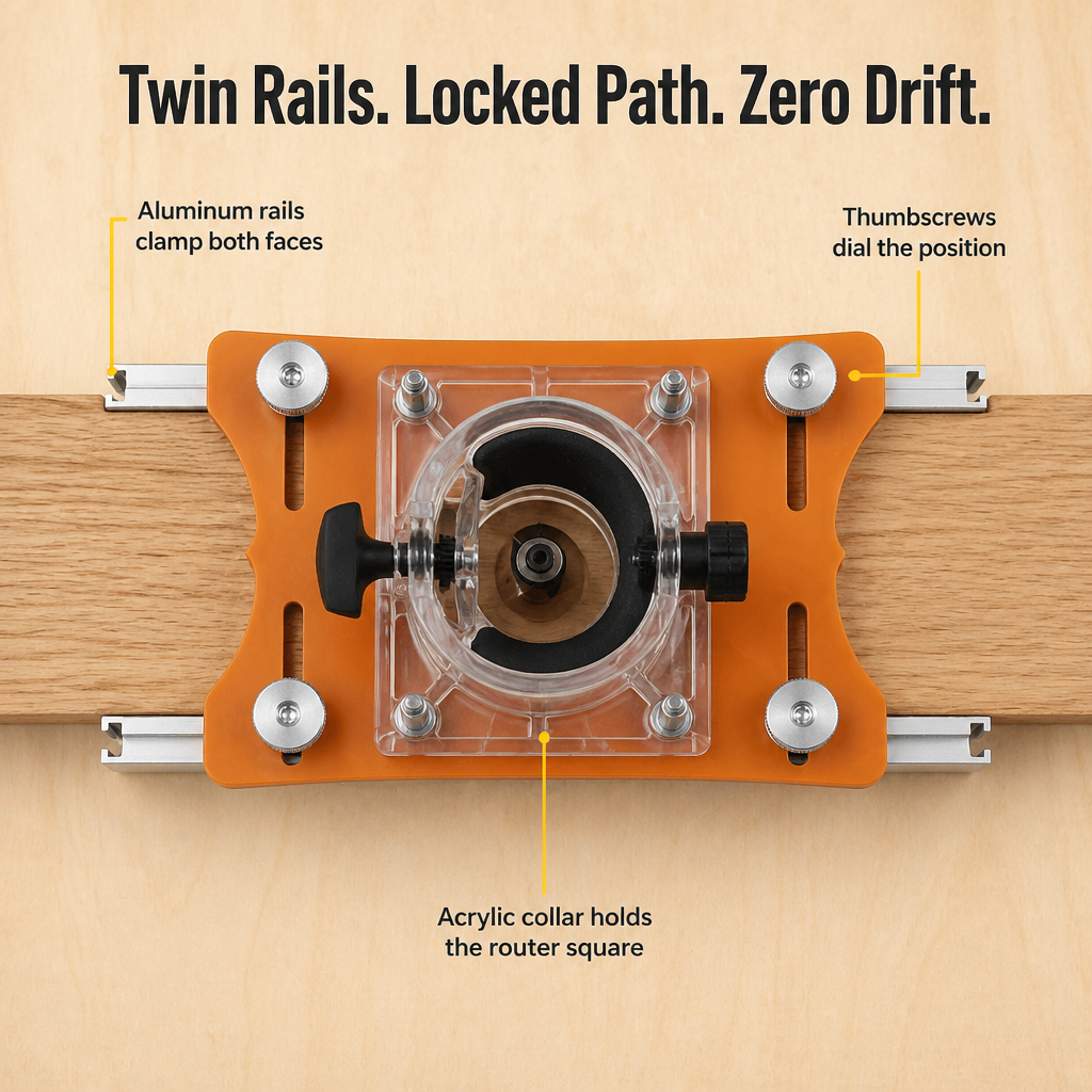 Top-down view of the orange jig plate on twin aluminium rails across a board, showing the clear acrylic collar, router and thumbscrews. 3
