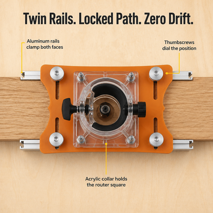 Top-down view of the orange jig plate on twin aluminium rails across a board, showing the clear acrylic collar, router and thumbscrews. 3