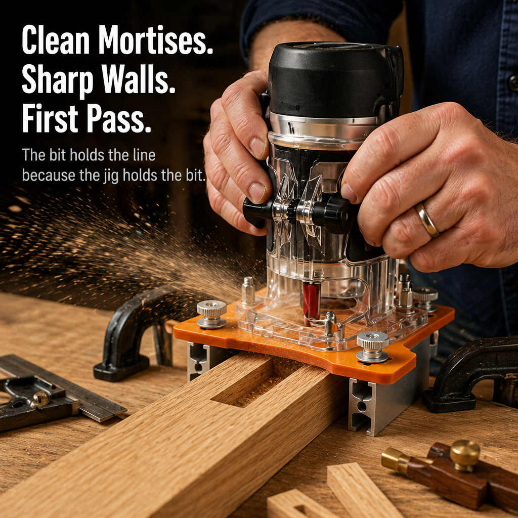 A router with a red bit cutting a mortise through the jig, sawdust flying, with clamps and marking tools around the workpiece. 4