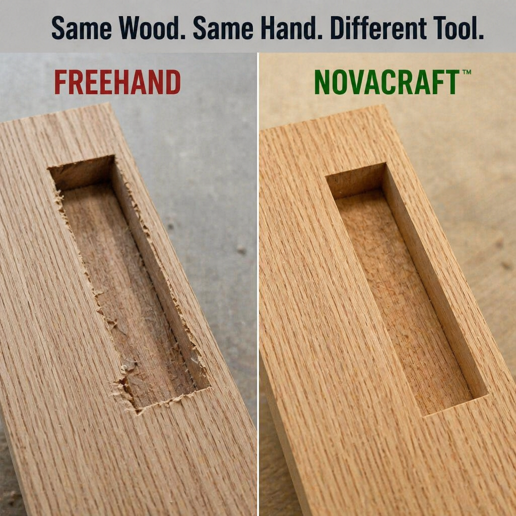 Side-by-side comparison of two mortises in matching oak, a rough freehand cut on the left and a clean, crisp jig-cut on the right. 5
