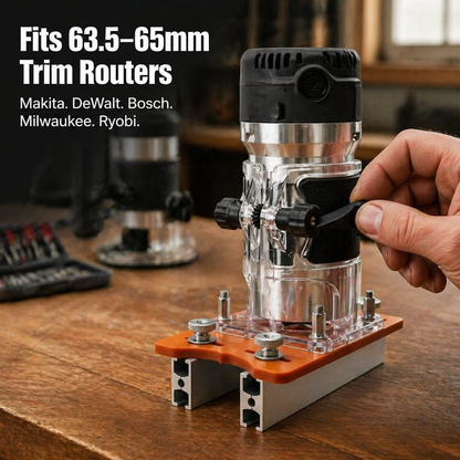 A hand tightens the side knob of a trim router seated in the clear collar of the jig on a workbench. 6