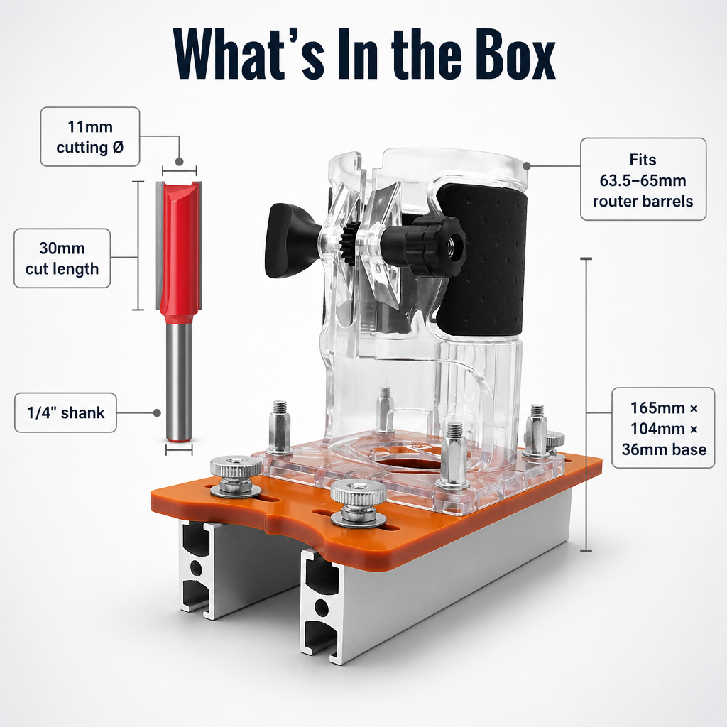 Contents shot of the jig with its clear router collar, orange plate and aluminium rails, plus a red straight bit, with dimension callouts. 7
