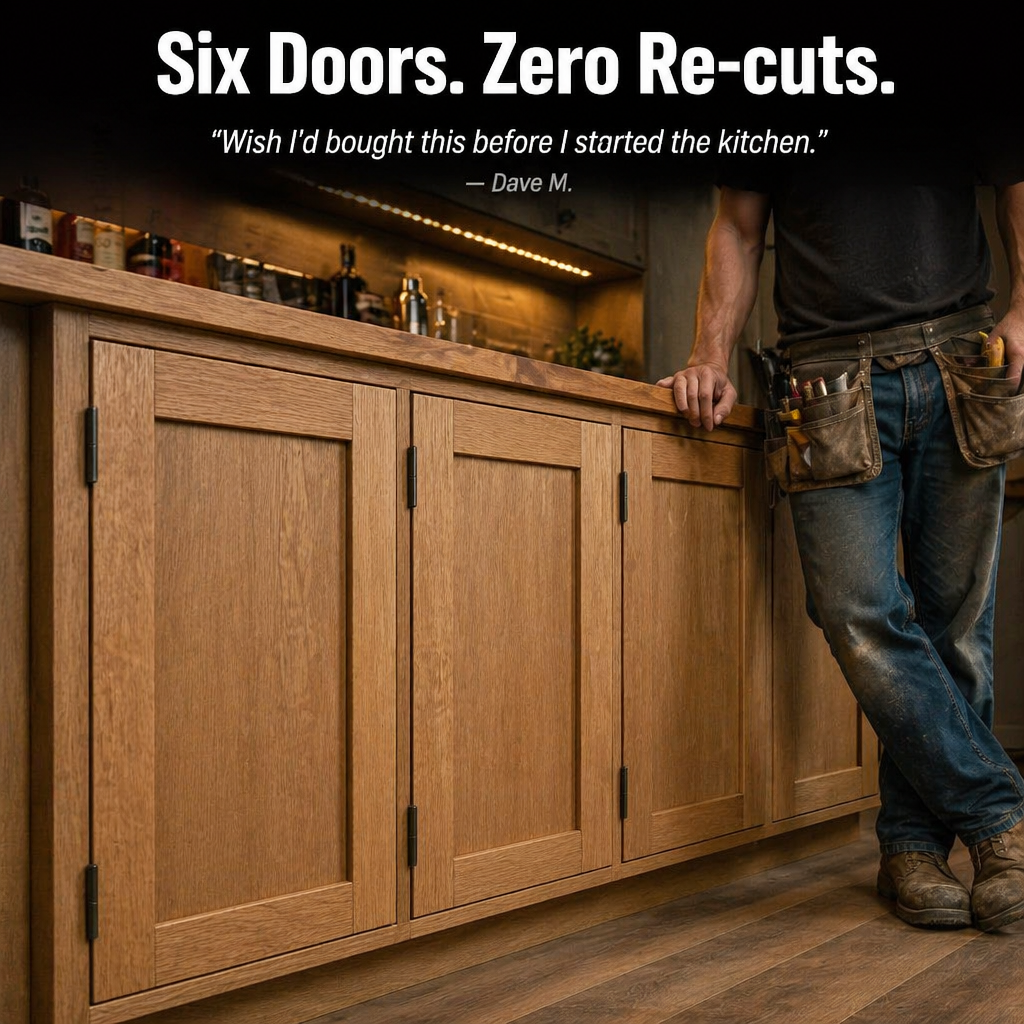 A tradesman with a tool belt leans on a run of oak shaker-style cabinet doors in a kitchen, showing finished results. 8