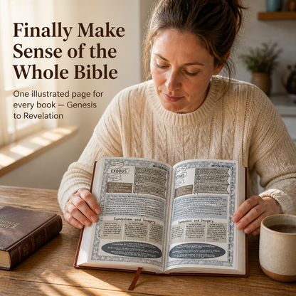 Woman in a cream knitted jumper reads the open guide at a wooden table, a mug and a closed Bible beside her. 1