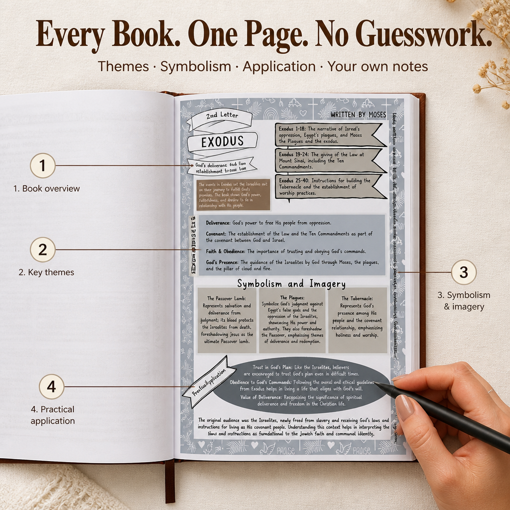 Open guide showing an illustrated book page with numbered callouts for overview, key themes, symbolism and application, a hand holding a pen. 2
