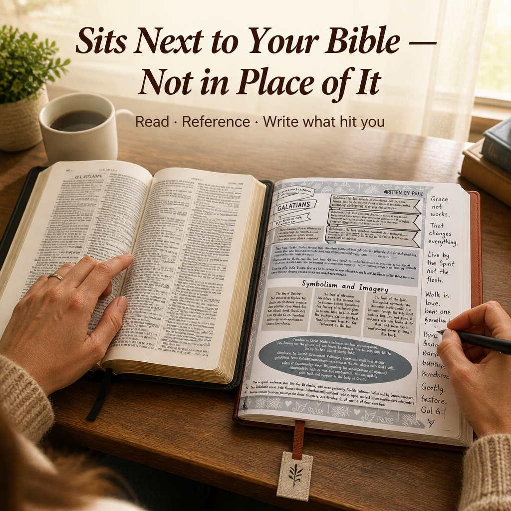 Guide open beside a full Bible on a desk, with handwritten notes in the margin and a ribbon bookmark. 3