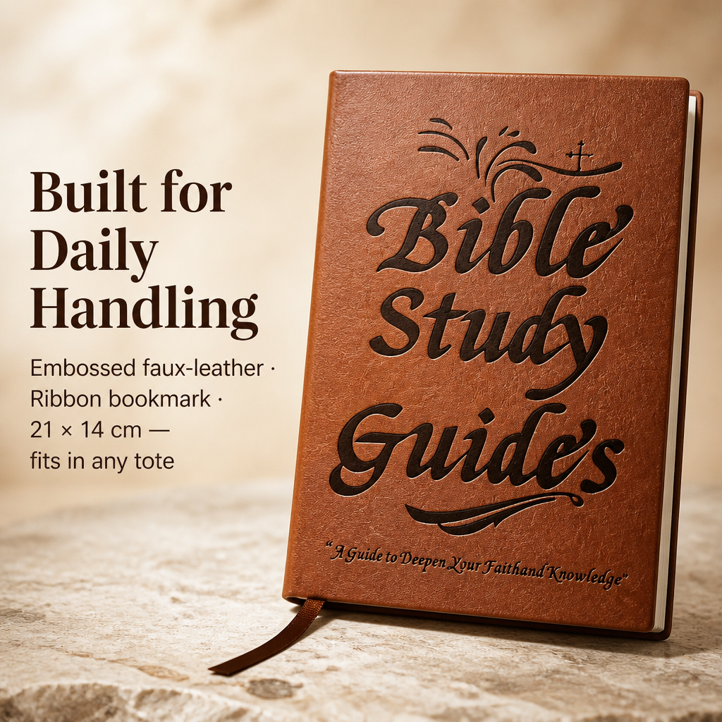 Front cover of the tan embossed faux-leather guide standing upright, with the ribbon bookmark trailing from the bottom edge. 4