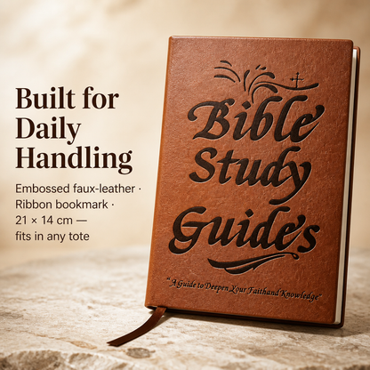 Front cover of the tan embossed faux-leather guide standing upright, with the ribbon bookmark trailing from the bottom edge. 4