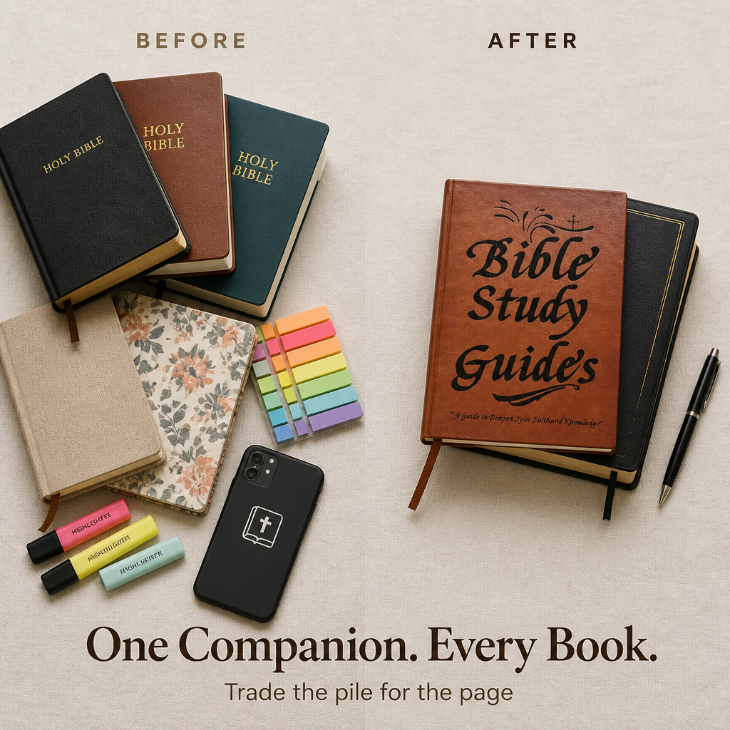 Before-and-after layout contrasting a cluttered pile of Bibles, notebooks, highlighters and phone with the guide stacked neatly on a Bible with a pen. 5