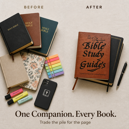 Before-and-after layout contrasting a cluttered pile of Bibles, notebooks, highlighters and phone with the guide stacked neatly on a Bible with a pen. 5