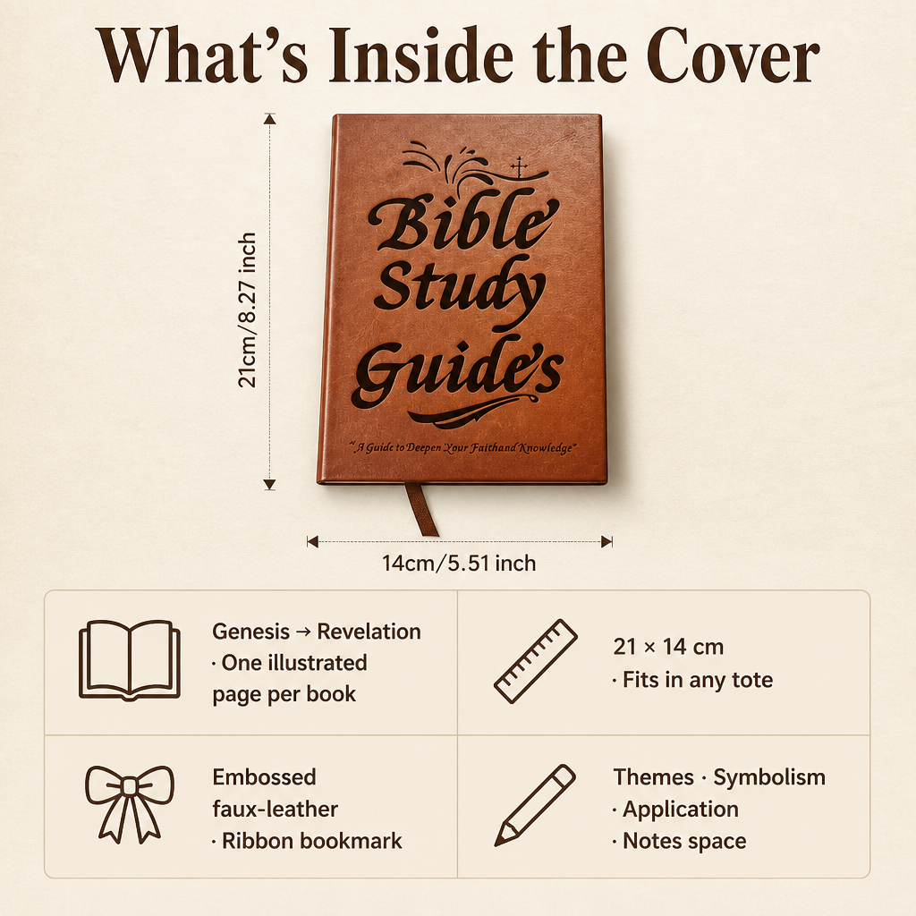 Front cover of the guide with height and width measurements marked, above four small icons summarising its features. 6