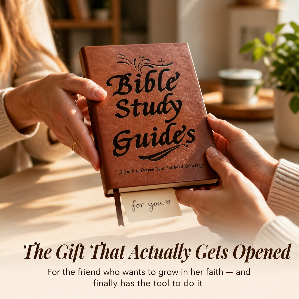 Two pairs of hands pass the guide as a gift, a small handwritten note tucked beneath the cover. 7
