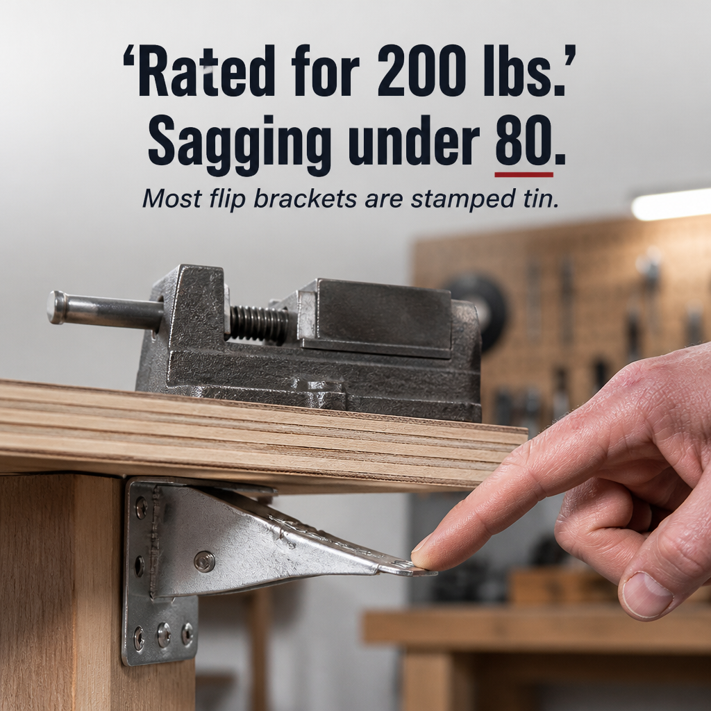 Fingertip pressing a thin, plain metal flip bracket under a plywood shelf that carries a heavy bench vice. 2