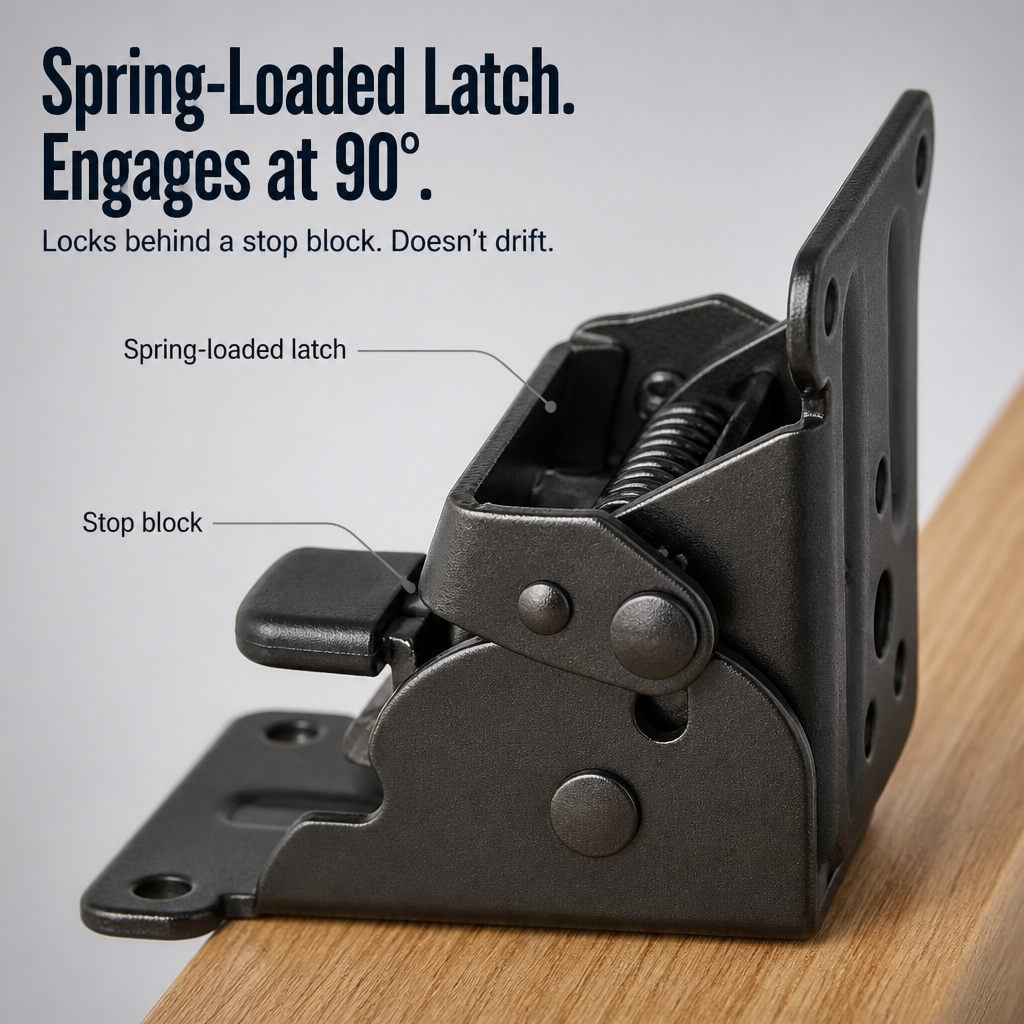 Close-up of a black bracket in the open position, showing its coiled spring, latch and stop block on a wooden edge. 3