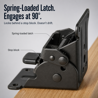 Close-up of a black bracket in the open position, showing its coiled spring, latch and stop block on a wooden edge. 3