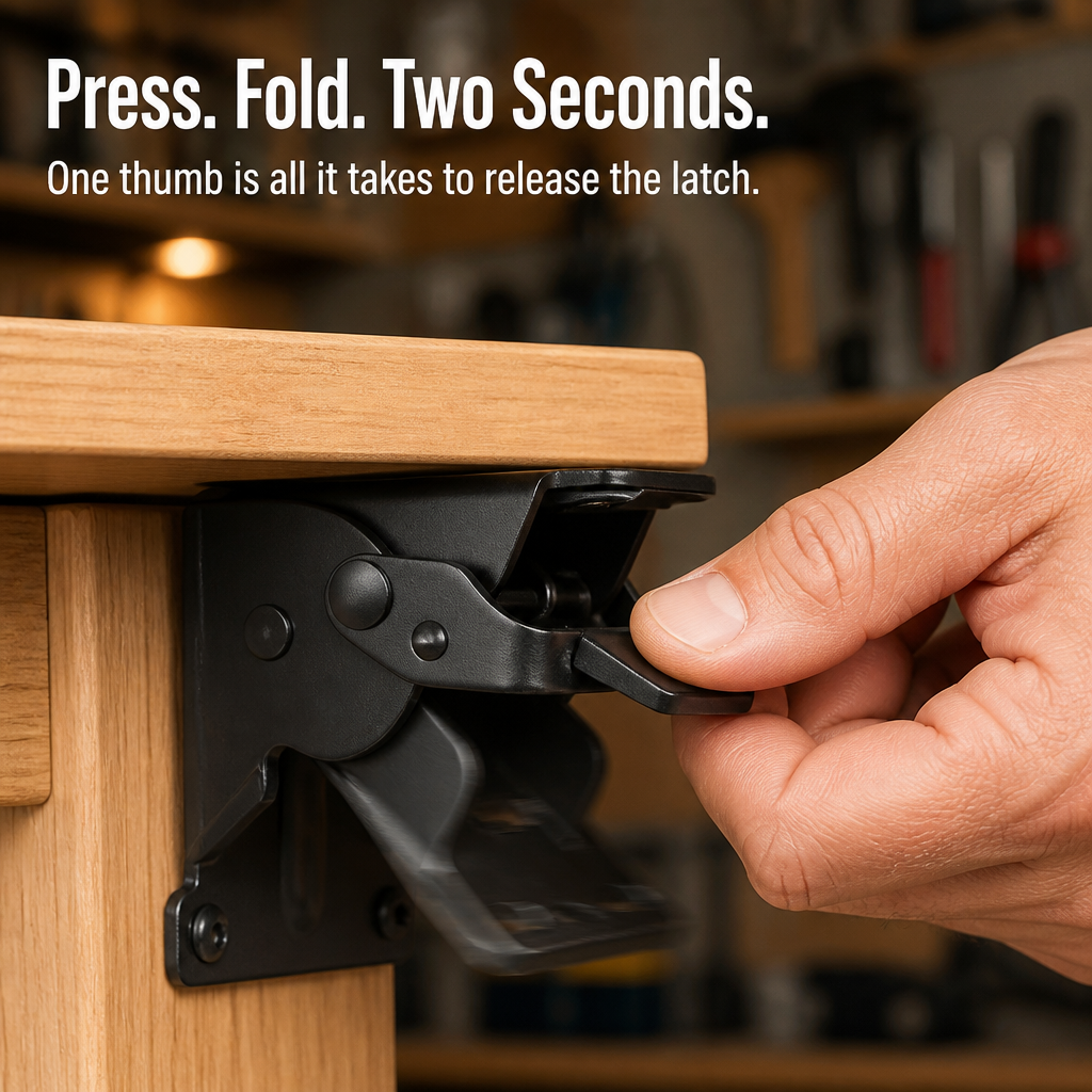 Thumb pressing the latch release of a black bracket under a wooden tabletop, with the folding arm moving. 4