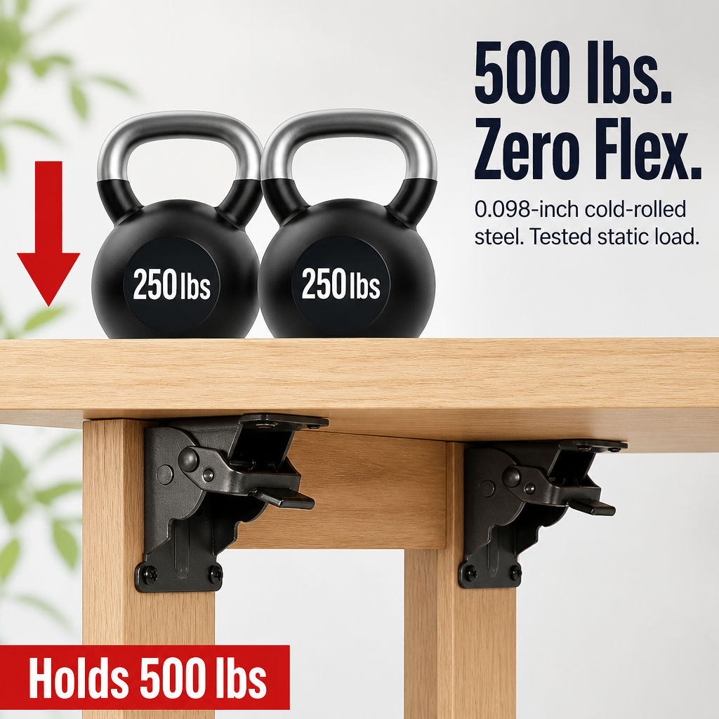 Two heavy kettlebells resting on a wooden tabletop supported by two black latching brackets under the top. 5