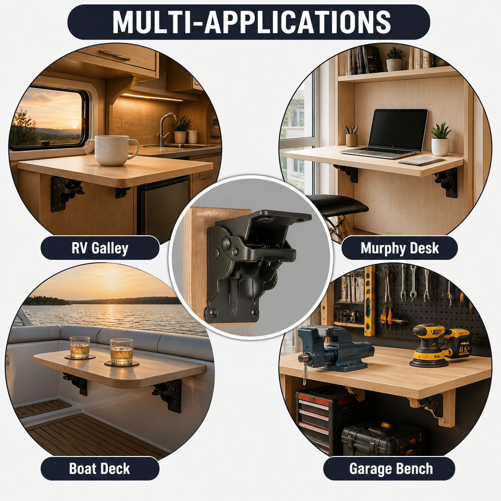 Collage of four uses for the bracket: an RV galley, a wall desk, a boat deck table and a garage bench. 6