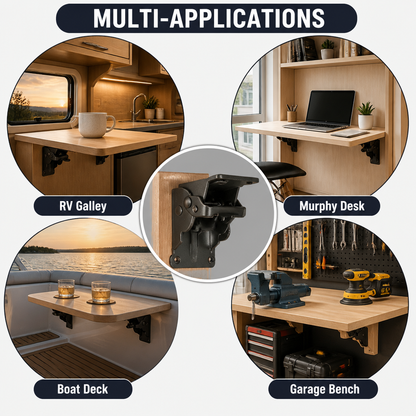 Collage of four uses for the bracket: an RV galley, a wall desk, a boat deck table and a garage bench. 6