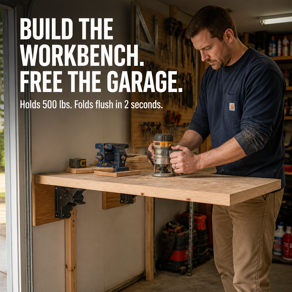 Man routing a plywood top in a garage, the workbench held up by black folding brackets fixed to the wall. 1