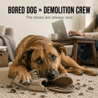 Bored brown dog lies on carpet chewing a shredded trainer while its owner works on a laptop 2