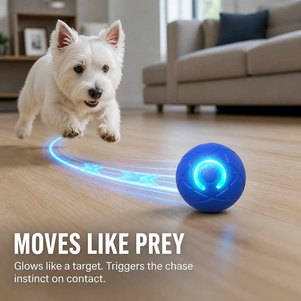 White terrier chases a blue ball with a glowing ring and light trail across a wooden floor 3