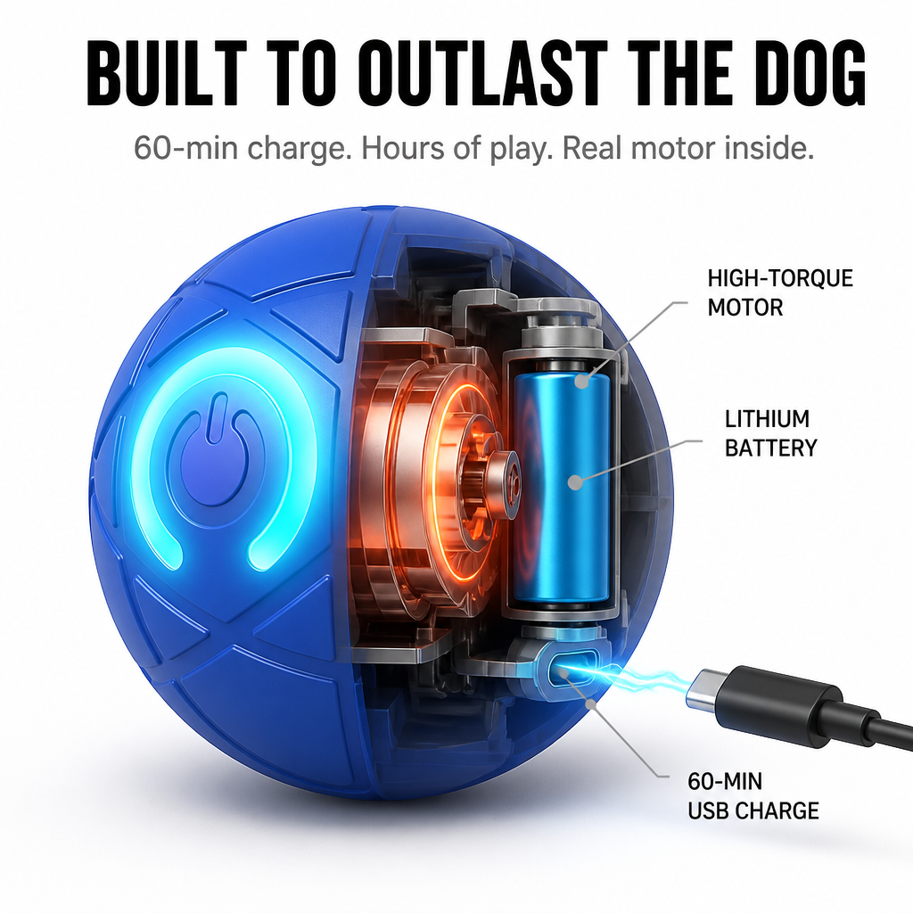 Cutaway of the blue ball showing the motor, lithium battery and USB charging cable inside 4