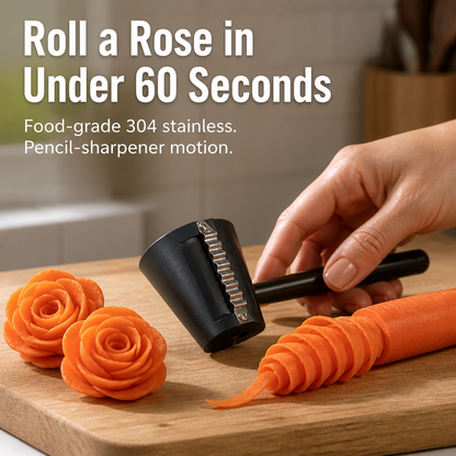 A hand holds the black tool with its crinkle blade over a carrot, beside two finished carrot roses on a wooden board. 1