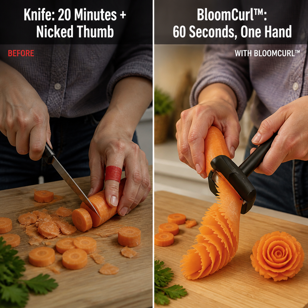 Side-by-side comparison: slicing a carrot with a knife on the left, and rolling a carrot rose with the tool on the right. 2