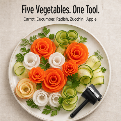 Overhead view of a plate of carrot, radish, cucumber and apple roses with parsley, and the black tool resting at the edge. 5