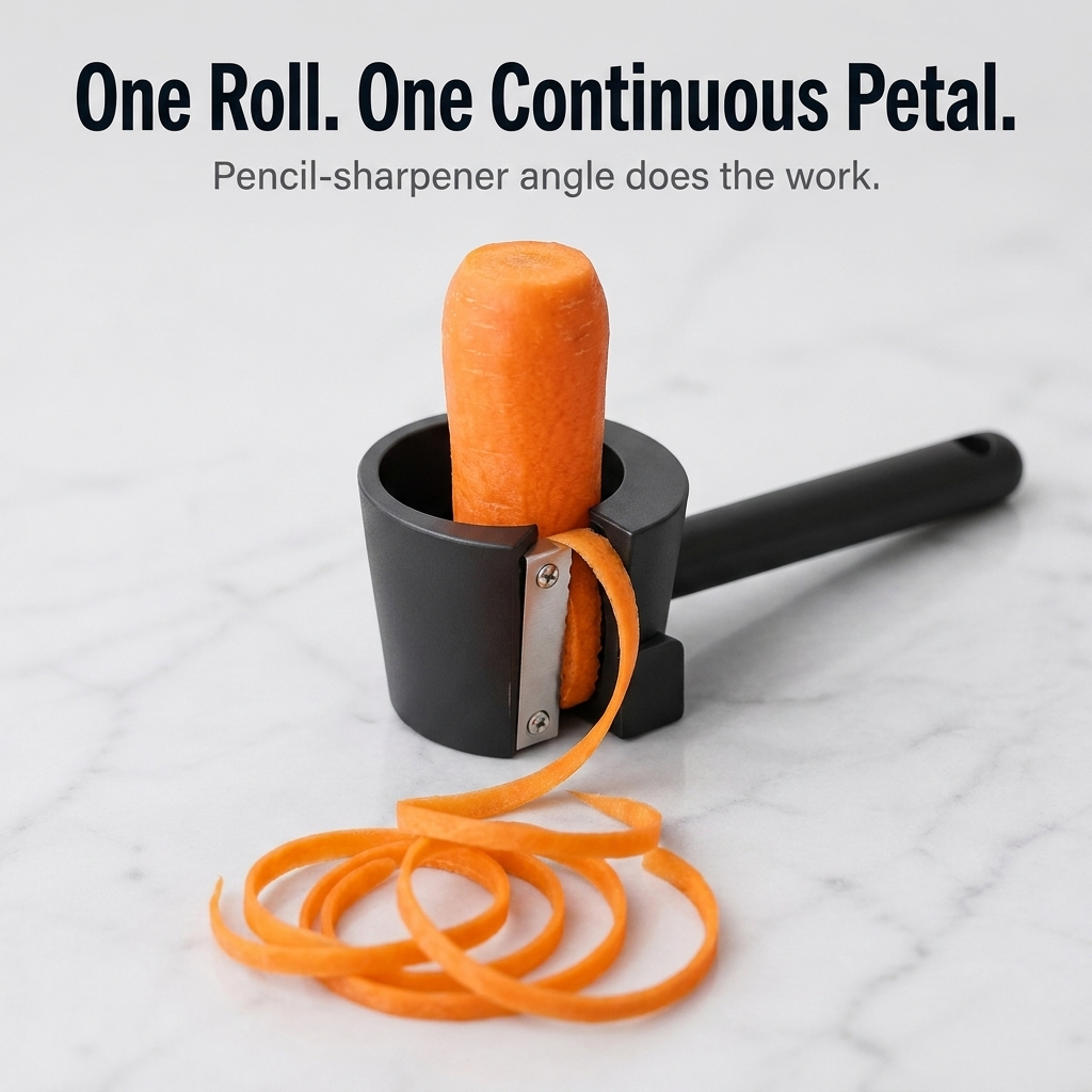 Upright carrot inside the black cup-shaped tool on a marble surface, with a long continuous orange ribbon curling out in front. 6