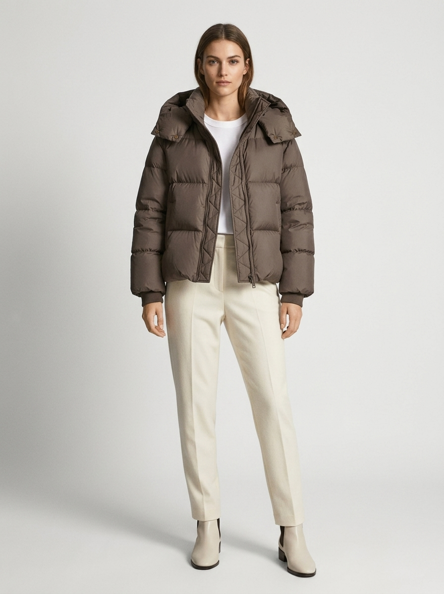 Model wearing the brown puffer jacket open over a white top, with cream trousers and boots 8