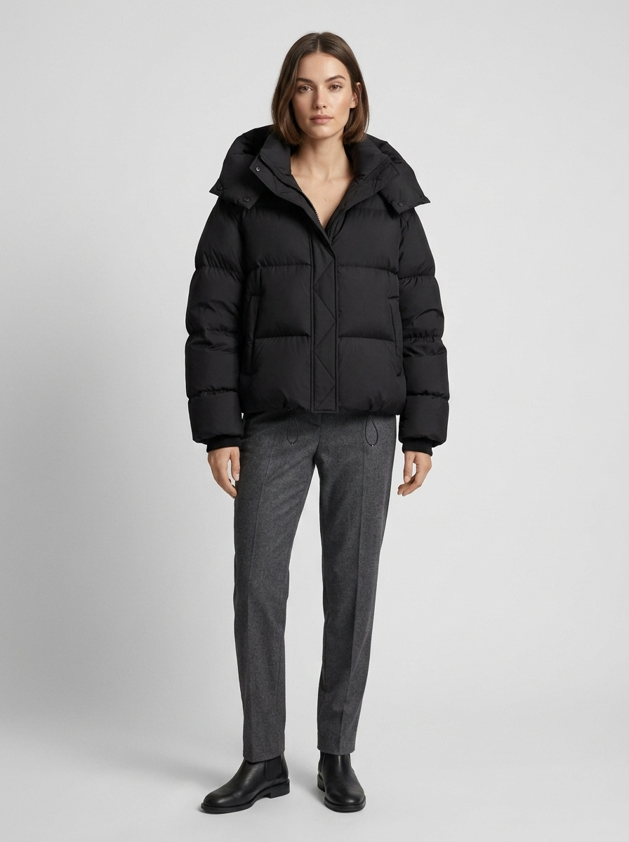 Model wearing the black puffer jacket zipped up with grey tailored trousers and black ankle boots 4