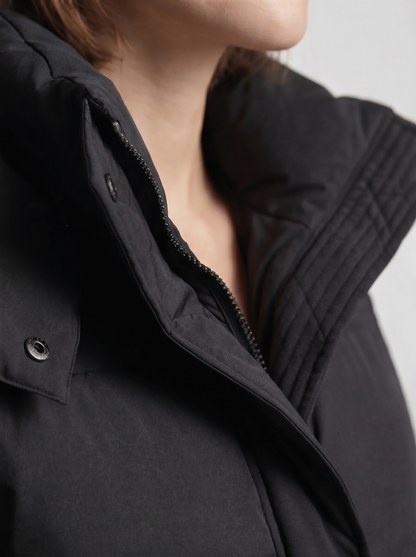 Detail of the black jacket's zip, press stud and stand collar, with quilted stitching on the shoulder 7