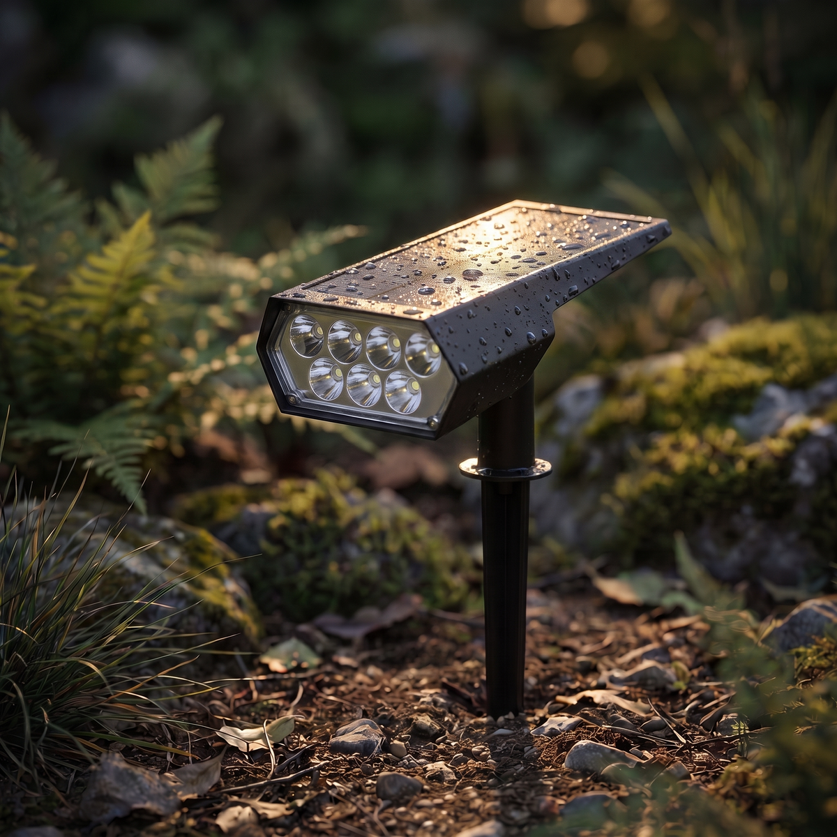 Close-up of the spotlight's seven LEDs and rain-beaded solar panel, staked among ferns and moss 1
