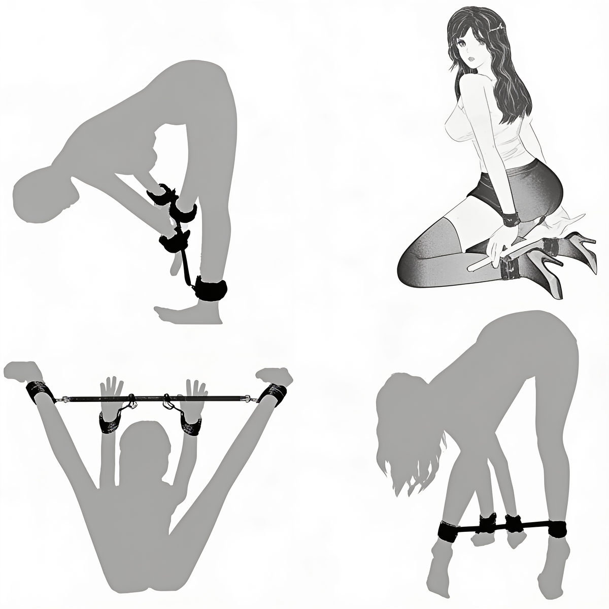 Illustrated panel of four silhouette and drawn figures showing different positions with the bar and cuffs 9