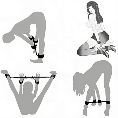 Illustrated panel of four silhouette and drawn figures showing different positions with the bar and cuffs 9
