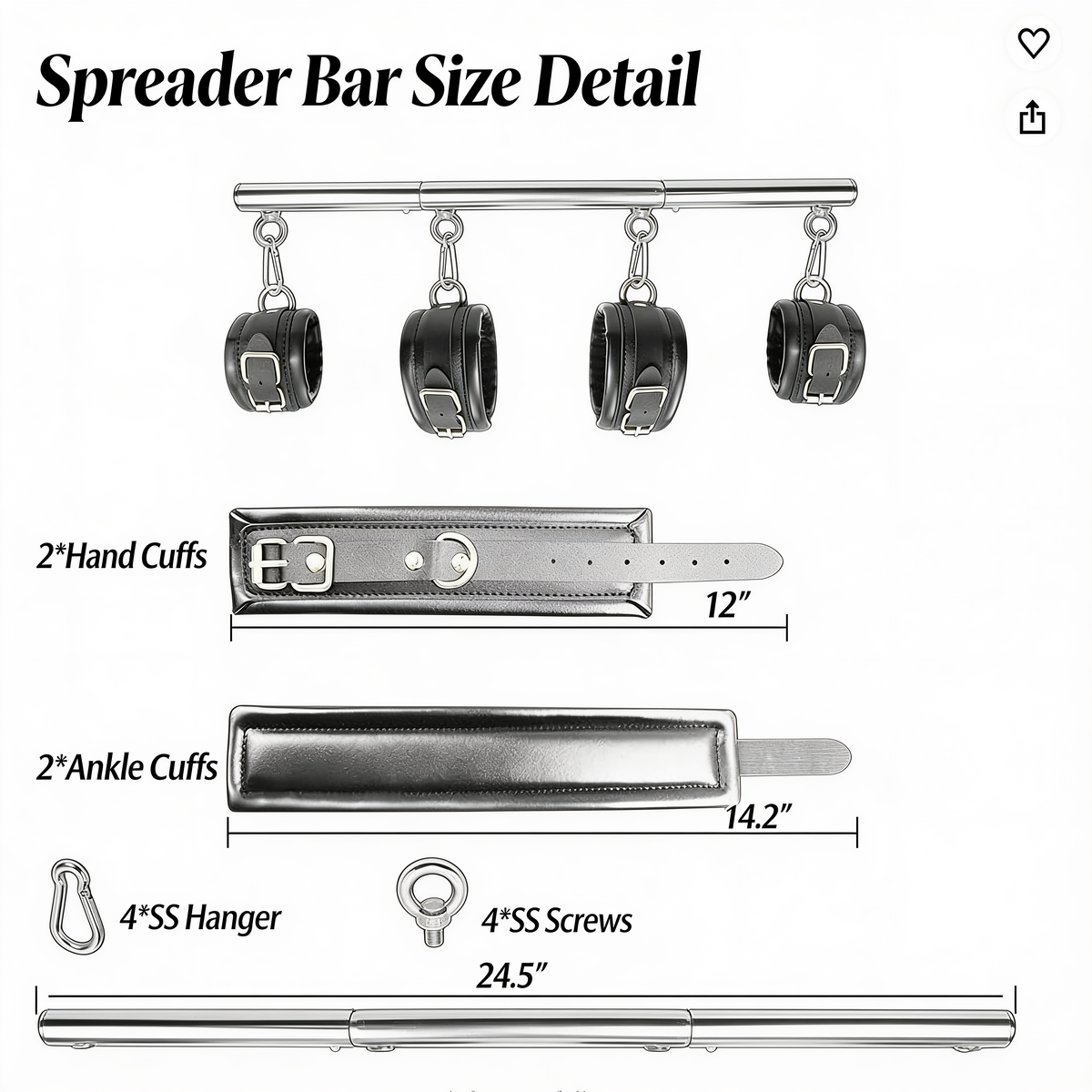 Diagram of the steel bar with four hanging cuffs, labelled with cuff, hanger and screw dimensions 10