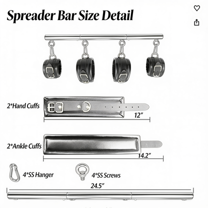 Diagram of the steel bar with four hanging cuffs, labelled with cuff, hanger and screw dimensions 10