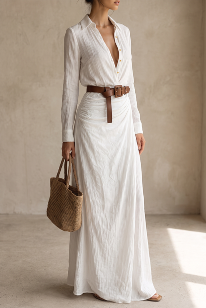 Women's Lapel Single Breasted Belted Long Sleeve Maxi Dress 9