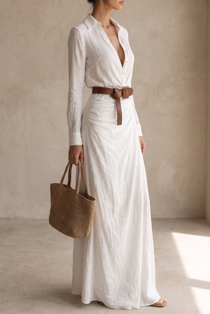 Women's Lapel Single Breasted Belted Long Sleeve Maxi Dress 10