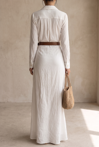 Women's Lapel Single Breasted Belted Long Sleeve Maxi Dress 11