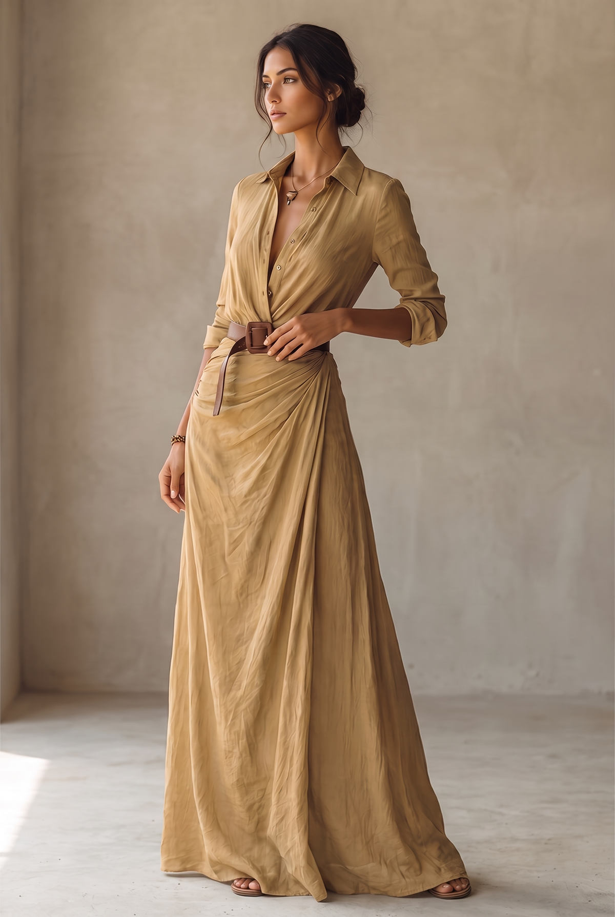 Women's Lapel Single Breasted Belted Long Sleeve Maxi Dress 2