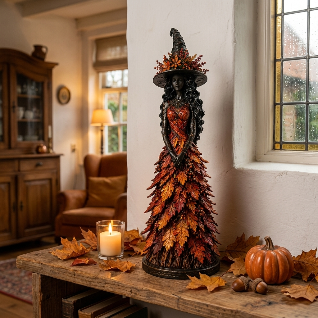 Red and orange leaf-skirted witch figurine on a rustic wooden table beside a lit candle, a pumpkin, acorns and fallen autumn leaves. 1