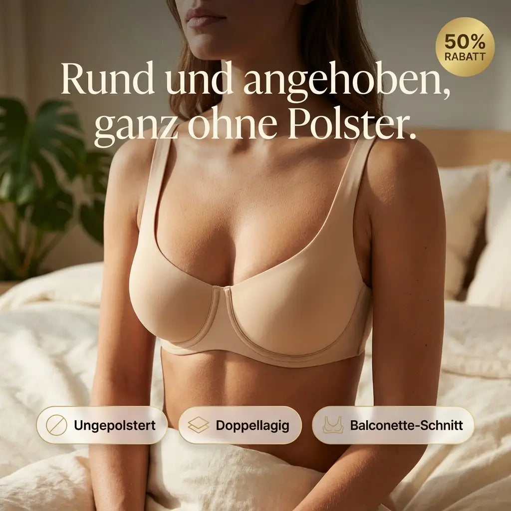 Woman sitting on a bed wearing the balconette bra in a nude shade, with feature icons and a discount badge overlaid. 1
