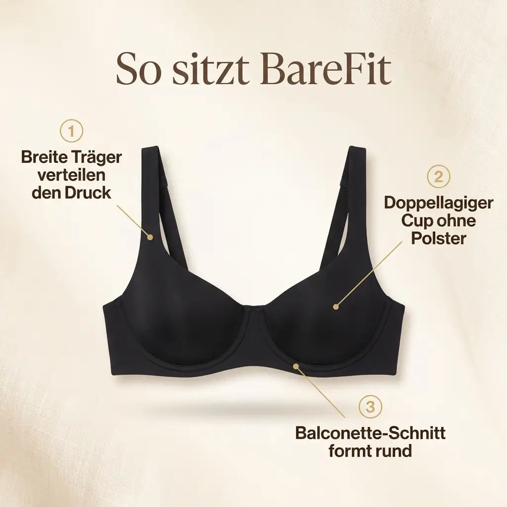 Black balconette bra laid flat with numbered callouts for the wide straps, the double-layer cup and the balconette cut. 7
