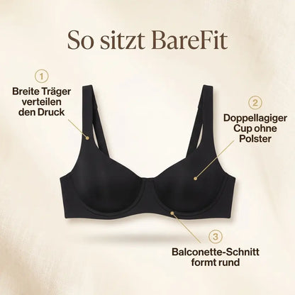 Black balconette bra laid flat with numbered callouts for the wide straps, the double-layer cup and the balconette cut. 7