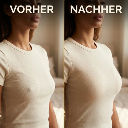 Side-by-side comparison of a woman in a fitted cream ribbed t-shirt, showing a smoother, rounder shape in the second half. 3